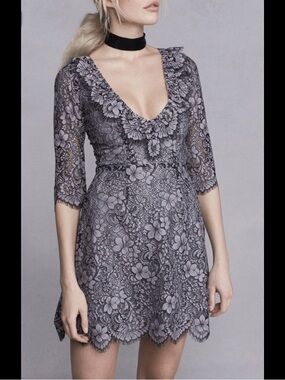 For Love & Lemons Theodora Lace Floral V-Neck Mini Dress in Gray